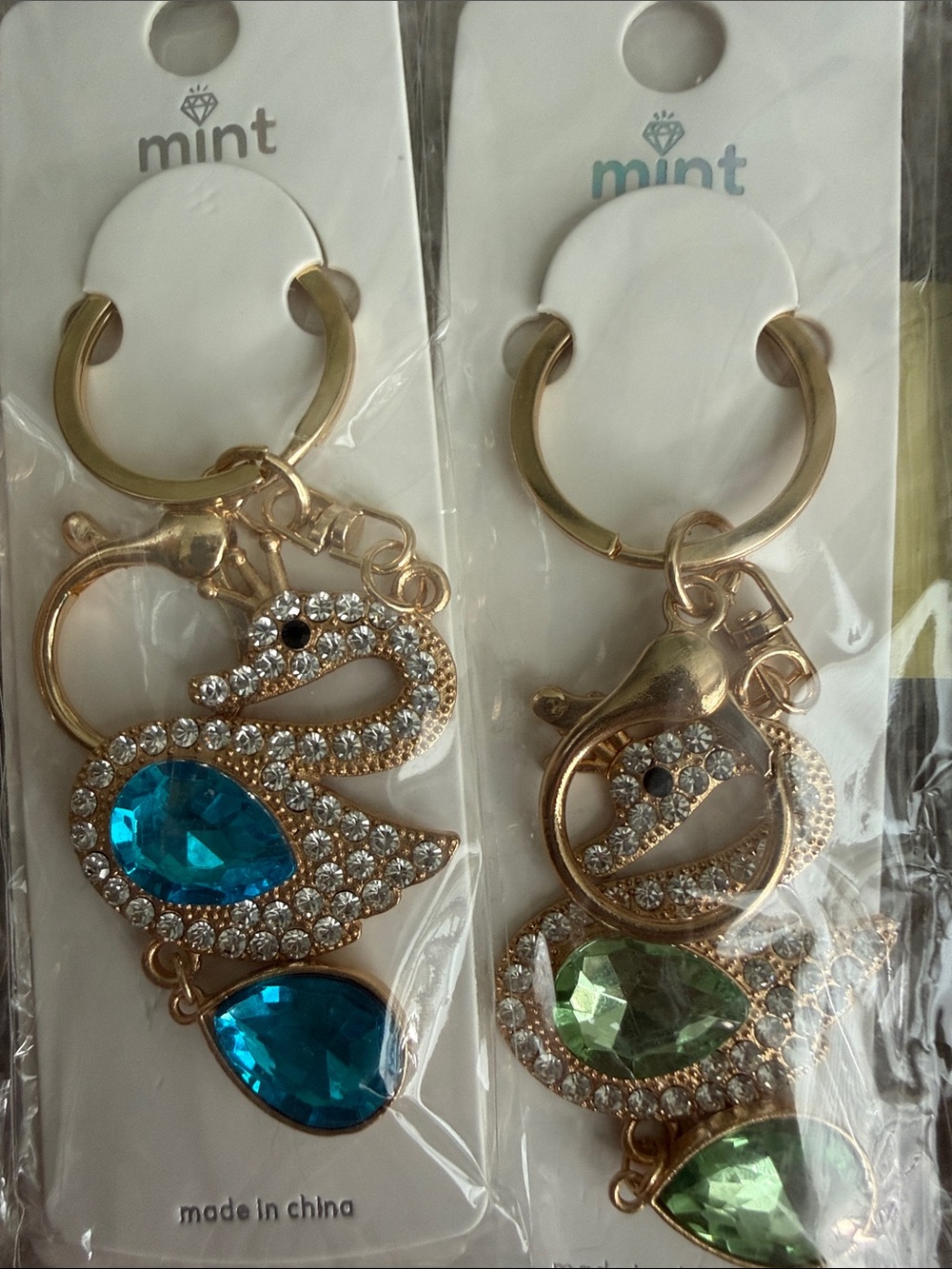 3 for $10 Mint Gold Swan Keychains with Crystals. NWT.